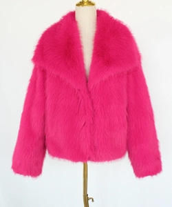 Detail of high-density faux fur jacket with wide collar in vibrant rose pink color