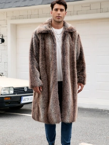 Detail of men's faux fur coat featuring luxurious brown striped texture and wide lapels