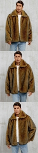 Detailed views of men's brown faux fur coat with lapel collar and warm plush texture
