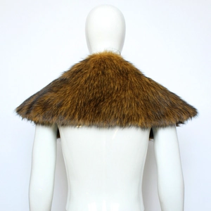 Detailed back view of brown faux fur Viking cape shawl on a white mannequin for costumes