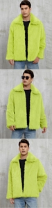 Front and side views of a men's faux fur jacket in neon green with oversized lapels