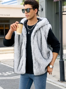 Detailed view of men's faux fur hooded vest featuring grey gradient soft fluffy texture