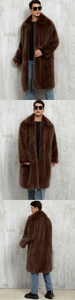 Three views of a long brown faux fur coat for men showing front, side and back fit