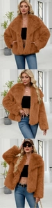 Detail of warm brown faux fur jacket with fluffy texture and stylish lapel design
