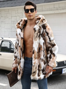 Men's faux fur hooded coat with geometric patchwork in brown and white winter outerwear