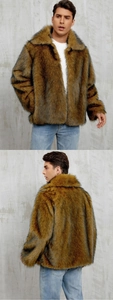 Front and side view of brown faux fur coat for men showing heavy thermal plush texture
