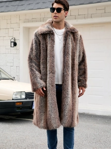 Close-up of thick brown faux fur coat for men with premium fluffy texture details