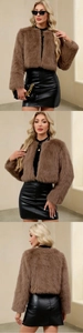 Trois angles d'une veste courte en fausse fourrure marron foncé avec col rond et peluche