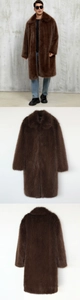 Three-panel view of a long brown faux fur coat for men with a wide square collar design