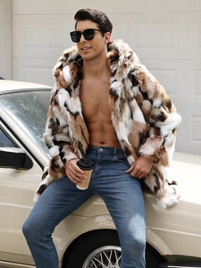 Close-up of textured faux fur material on a men's hooded mid-length winter coat