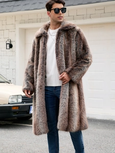 Close-up of men's long faux fur coat with striped plush texture and oversized lapels