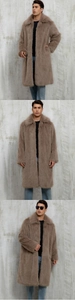 Detailed views of a long mocha faux fur coat with a large collar and thick plush texture