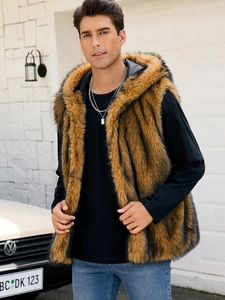 Detail of hooded faux fur vest in brown and black tones with warm thick texture