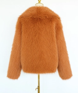 Back view of a vibrant orange faux fur coat featuring high-density long plush texture