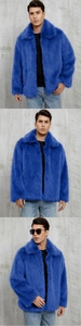 Detailed view of the soft faux fur texture and lapel design on this royal blue men's jacket