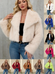 Women's Faux Fur Short Jacket Lapel Collar Plush Coat Elegant Winter Warm Long Sleeve Shaggy Outwear Lady Party Daily