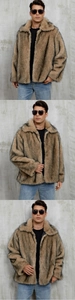 Detailed views of men's faux fur jacket with large lapel collar in tan brown finish