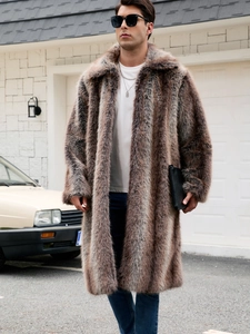 Detail showing the thick plush texture and brown faux fur stripes of the long men's coat