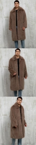 Detail of men's long faux fur coat featuring a large lapel and thick plush brown texture