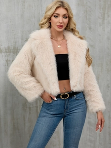 Short faux fur jacket in cream beige for women featuring a soft texture and lapel collar