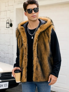 Men's faux fur hooded vest with natural brown and black texture, premium winter outerwear