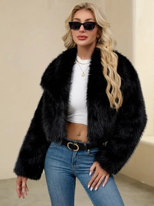 Women's chic black faux fur cropped jacket with large lapel and fluffy texture