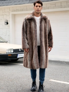 Men's long faux fur coat in brown-grey pattern with thick lapels for winter warmth