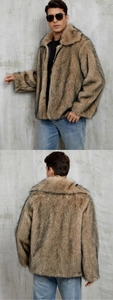 Front and back view of men's faux fur winter coat with warm lapels and textured hair details