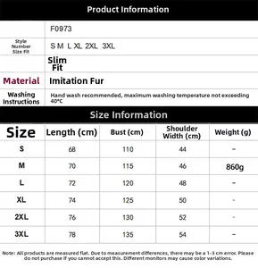 Size chart for men's faux fur vest showing measurements from S to 3XL for perfect fit