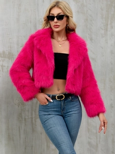 Vibrant rose red faux fur jacket with wide collar and trendy short cropped cut