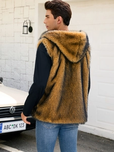 Macro shot of men's faux fur vest showing gradient brown texture and hooded design details