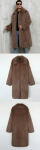 Detail view of men's long brown faux fur coat with collar labels and back display
