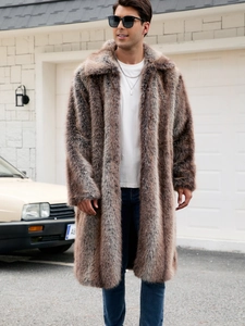 Detailed close-up showing the plush texture and mixed grey-brown faux fox fur of the coat
