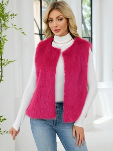 Front view of rose red faux fur vest with deep V-neck and fluffy plush texture