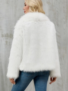 Back view of a white faux fur jacket showing high-quality fluffy texture and silhouette