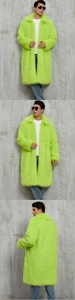 Multiple views of men long faux fur coat in vibrant neon green with classic lapel