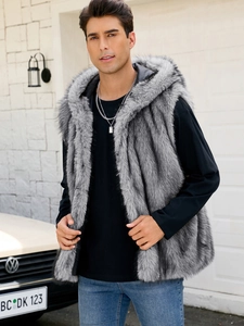 Detail view of the silver-grey faux fur texture on men's hooded waistcoat vest