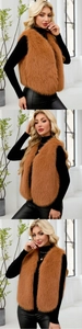 Détail de la texture en fausse fourrure marron et du col en V de ce gilet élégant