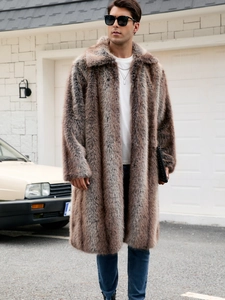 Detailed view of the thick plush texture and striped pattern on men's long faux fur coat