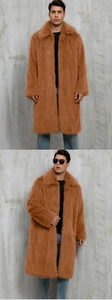 Detailed close-up showing the fluffy texture of this long camel faux fur coat for men