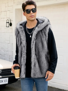 Close-up of premium grey faux fox fur texture and hood on a men's stylish vest