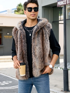 Men's faux fur hooded vest in grey-brown plush, stylish urban winter sleeveless jacket