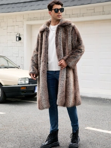 Men's long faux fur coat in grey-brown mottled pattern with a large lapel and thick texture