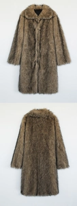 Macro detail of men's brown faux fur coat showing thick plush texture and turn-down collar