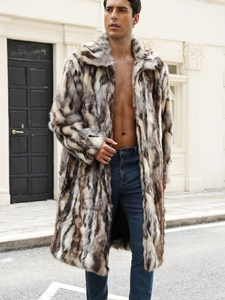 Manteau long pour homme en fausse fourrure mouchetée avec col à revers et coupe élégante