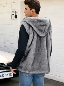 Rear view of a men's faux fur hooded vest in grey long plush fabric for winter