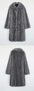 Front and back view of long faux fur coat with thick gray texture and large collar