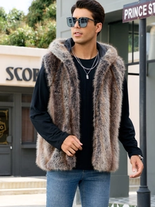 Men's streetwear faux fox fur hooded vest in grey-brown blend for autumn and winter fashion