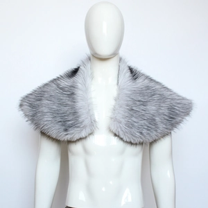 Detailed macro shot of grey faux fur viking cloak texture and long plush fibers