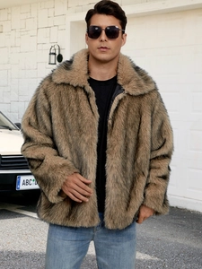 Men's fashion faux fur coat with thick collar in brown and black gradient pattern